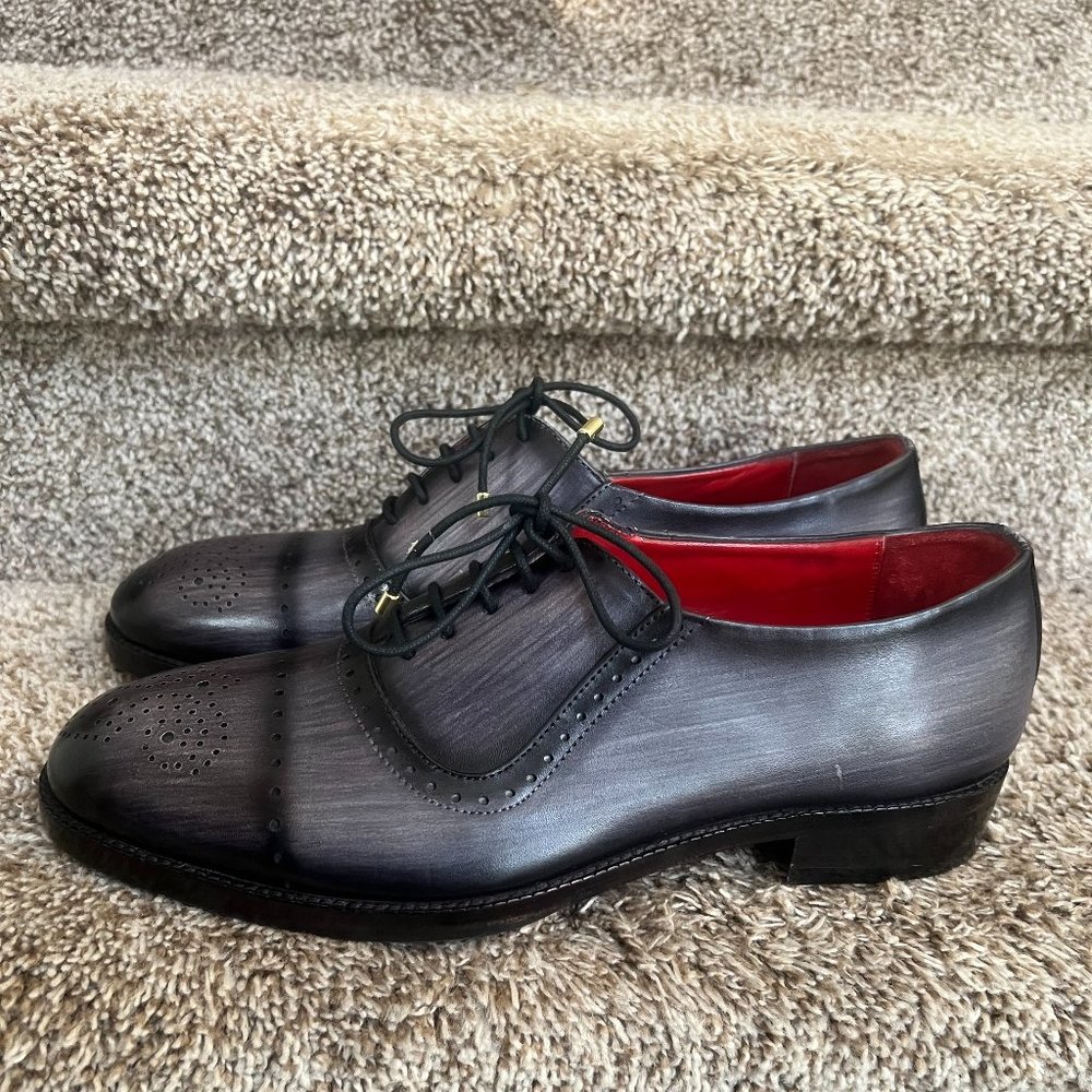 Lethato Handcrafted Men's Wingtip Brogue Grey/Black Leather Oxfords .